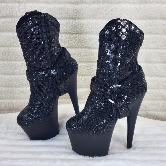 Black Rhinestone High Heel Platform Sexy Western Cowgirl Ankle Boots 1029 - Picture 3 of 10